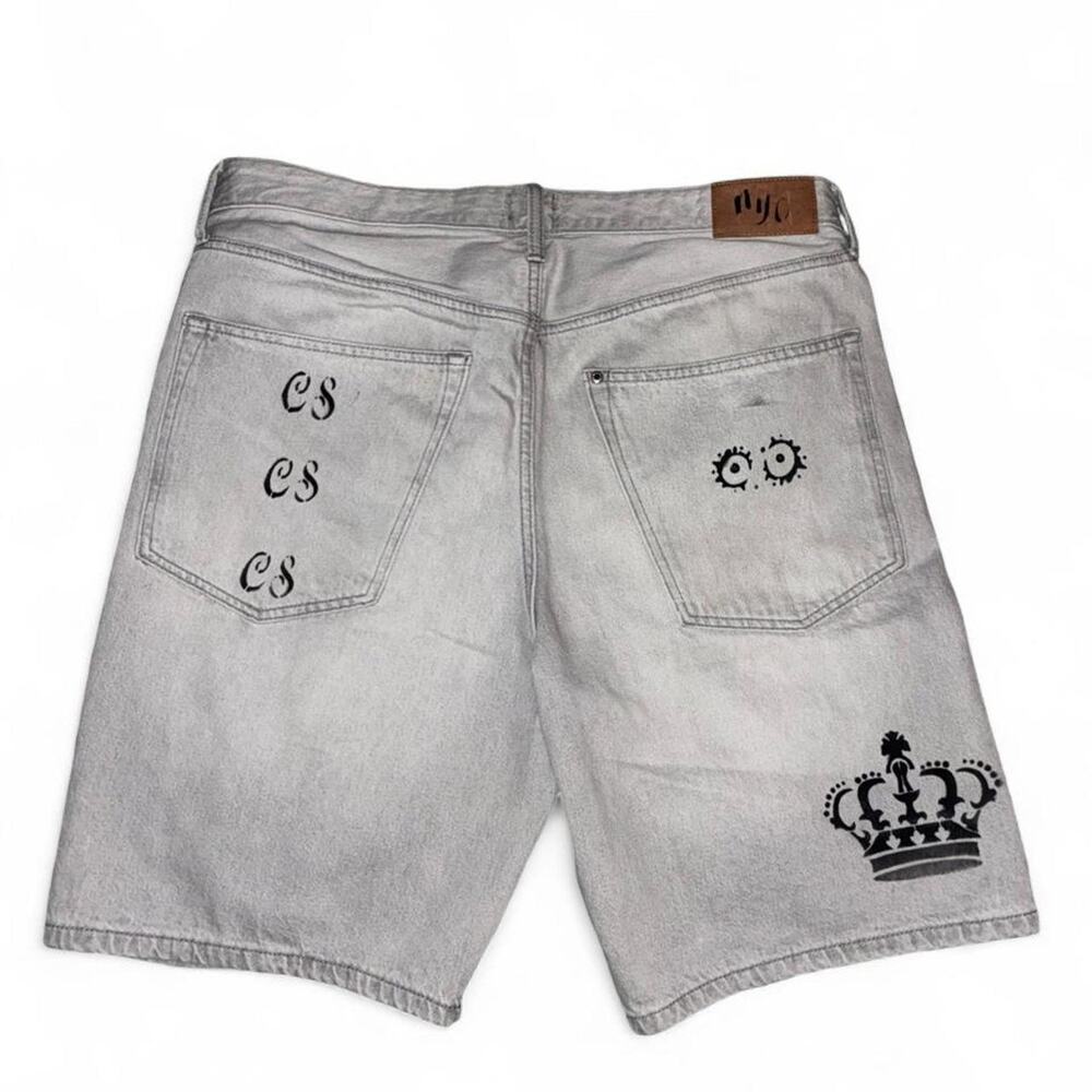Custom Grey Denim Shorts with Crown Decals by CS